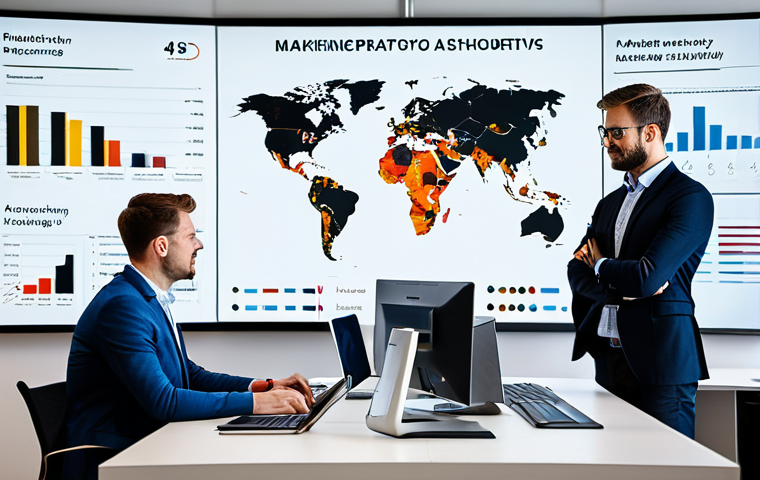 A diverse team of professional marketers in a modern, open-plan office, fully clothed in modest business attire, gathered around a large interactive screen displaying complex data visualizations, charts, and interconnected marketing channels. One professional points to a global map overlaid with data points, symbolizing a 360-degree marketing strategy. The atmosphere is collaborative and innovative, emphasizing data-driven insights and strategic planning. safe for work, appropriate content, fully clothed, professional, perfect anatomy, correct proportions, natural pose, well-formed hands, proper finger count, natural body proportions, high-quality, professional photography.
