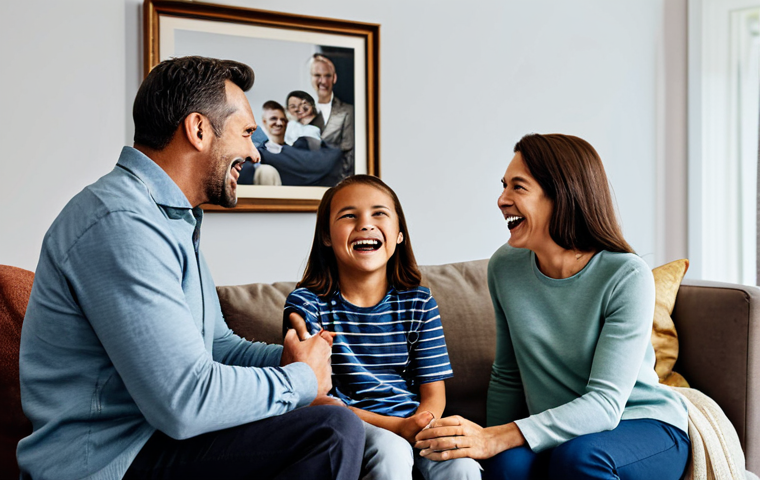 Storytelling Advertisement**
A heartwarming scene of a family gathering in a cozy living room, fully clothed in modest attire. The family is laughing and enjoying each other's company. In the background, a subtle advertisement for an insurance company is displayed on a framed picture. The scene evokes feelings of love, security, and togetherness. Safe for work, appropriate content, family-friendly, perfect anatomy, correct proportions, natural pose, professional photography, high quality.
**