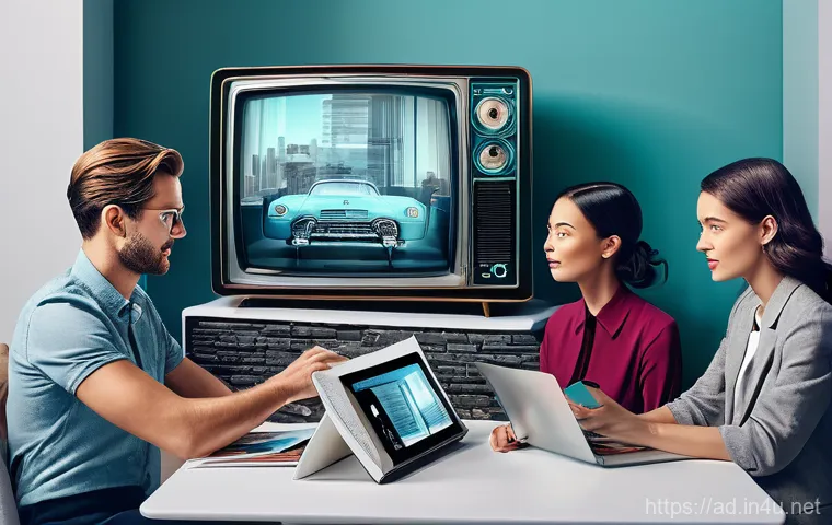 광고홍보사와 디지털 마케팅 기본 - A dynamic, split-screen image illustrating the evolution of marketing. On the left, a retro-styled s...