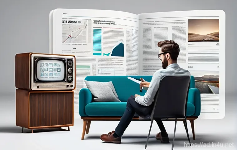 광고홍보사와 디지털 마케팅 기본 - A dynamic, split-screen image illustrating the evolution of marketing. On the left, a retro-styled s...