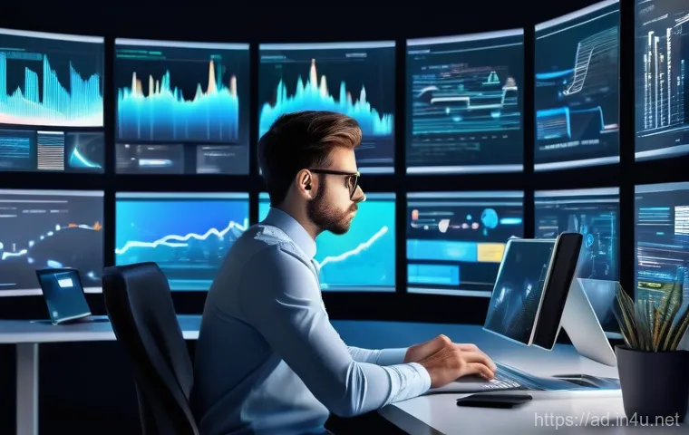 광고홍보사와 광고 데이터 분석 사례 - A young professional, appearing slightly stressed and overwhelmed, sits at a modern desk surrounded ...
