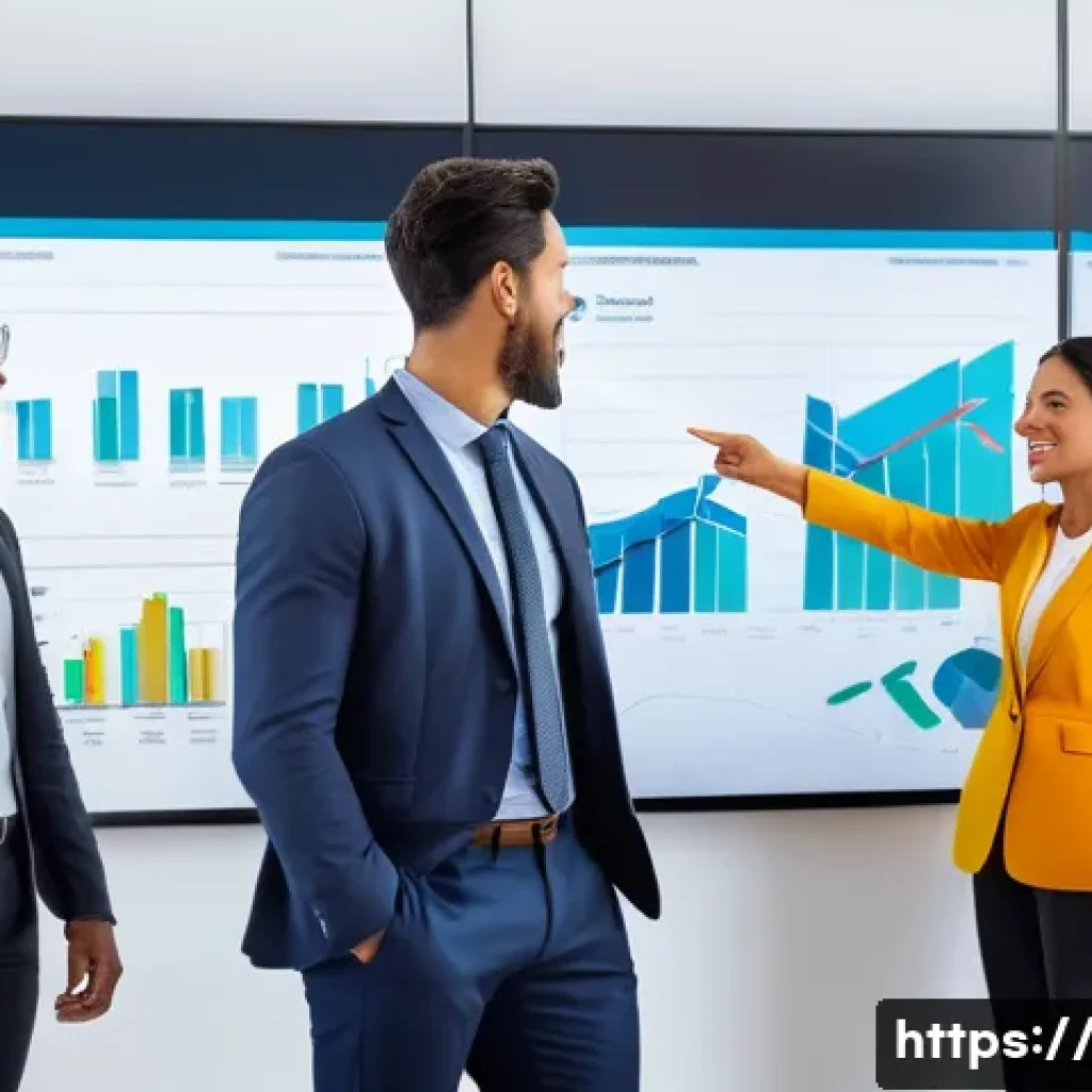 광고홍보사와 소비자 중심 광고 효과 분석 - A group of diverse marketing professionals (men and women, mid-20s to 40s, dressed in smart business...