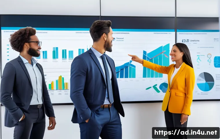 광고홍보사와 소비자 중심 광고 효과 분석 - A group of diverse marketing professionals (men and women, mid-20s to 40s, dressed in smart business...