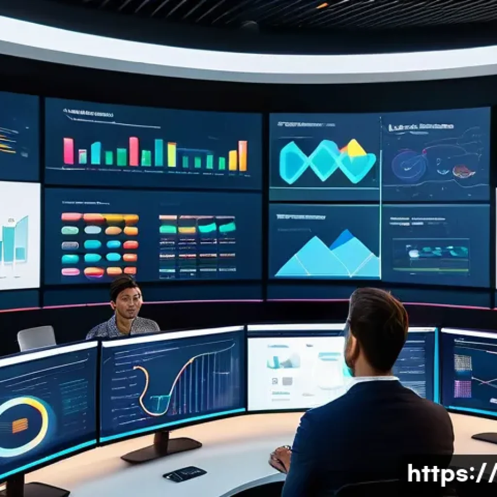 광고홍보사와 신규 광고 도구 활용 사례 - A modern digital marketing control room with diverse professionals analyzing big data on multiple la...