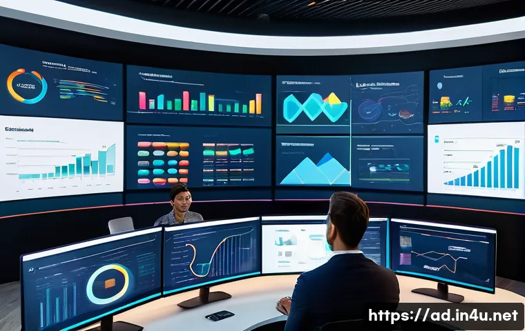 광고홍보사와 신규 광고 도구 활용 사례 - A modern digital marketing control room with diverse professionals analyzing big data on multiple la...