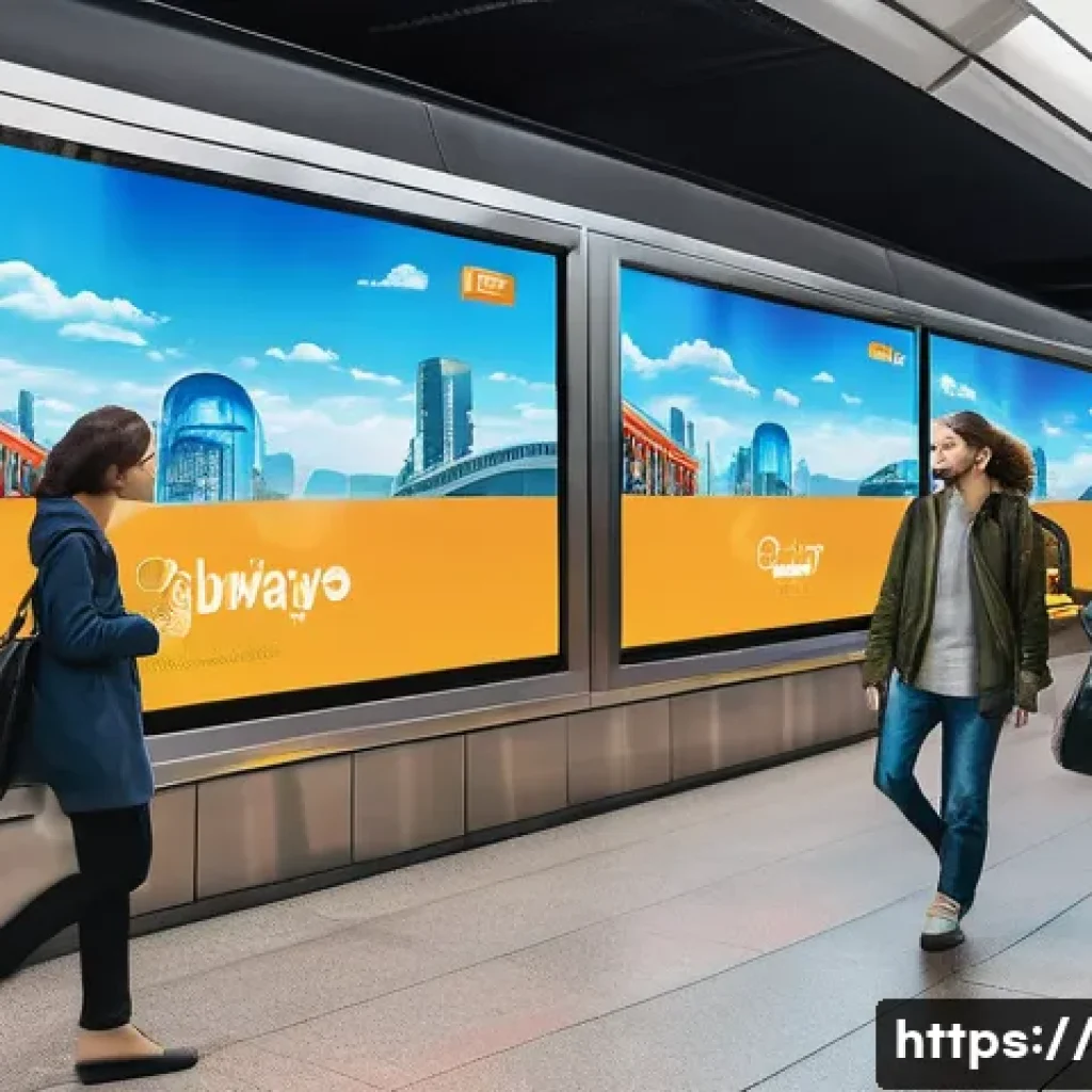 광고홍보사와 새로운 광고 매체 활용 - A futuristic digital outdoor advertising scene at a bustling subway station featuring large LED disp...
