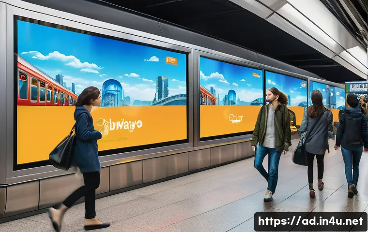 광고홍보사와 새로운 광고 매체 활용 - A futuristic digital outdoor advertising scene at a bustling subway station featuring large LED disp...