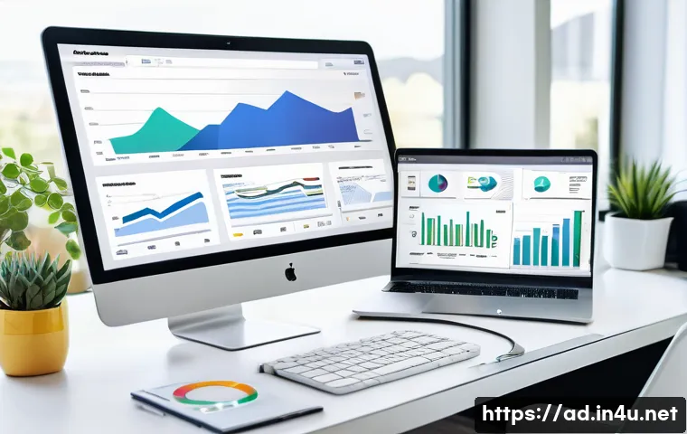 광고홍보사와 광고 예산 분석법 - A modern digital marketing workspace showing a multi-screen setup with graphs and charts displaying ...