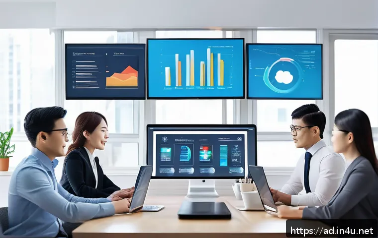광고홍보사 채용 시장 트렌드 - A modern digital marketing office scene showing a diverse team of professionals collaborating remote...