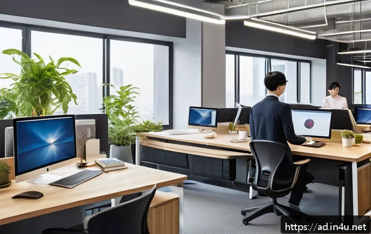 광고홍보사 워라밸 실현 사례 - A modern advertising office environment showcasing flexible work hours: diverse professionals workin...