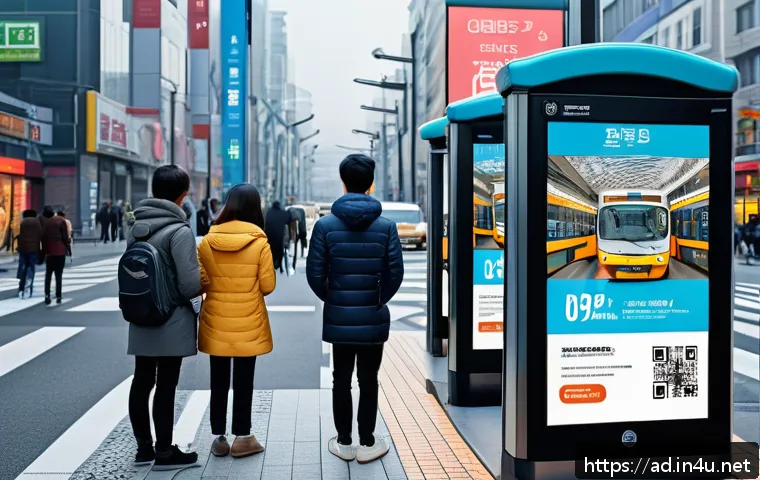 광고홍보사와 옴니채널 광고 캠페인 - A dynamic urban street scene featuring diverse outdoor advertisements with integrated QR codes on bu...