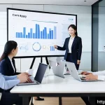 광고홍보사와 광고 콘텐츠 분석 - A professional business meeting scene in a modern office, diverse marketing team members collaborati...