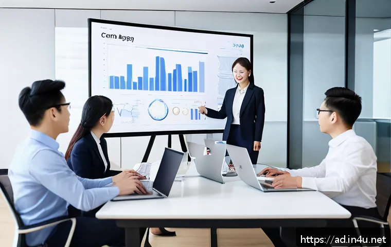 광고홍보사와 광고 콘텐츠 분석 - A professional business meeting scene in a modern office, diverse marketing team members collaborati...